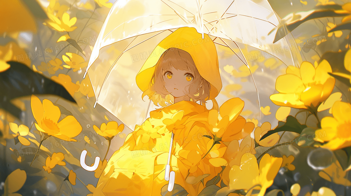站在黄色花丛中的女孩唯美插画