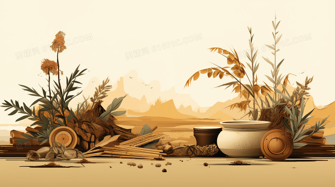 简约素描辛香料中药材插画
