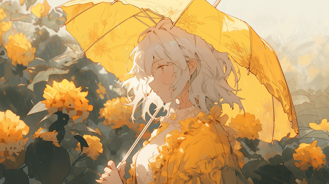 站在黄色花丛中的女孩唯美插画
