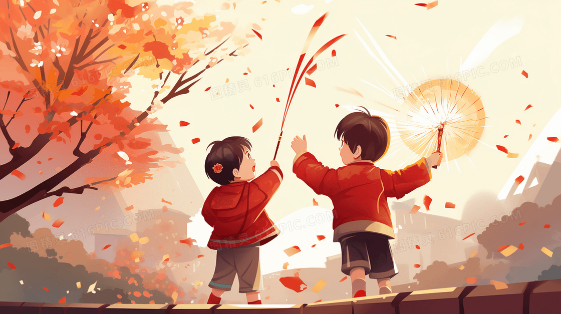红色春节一起放烟花的孩子插画