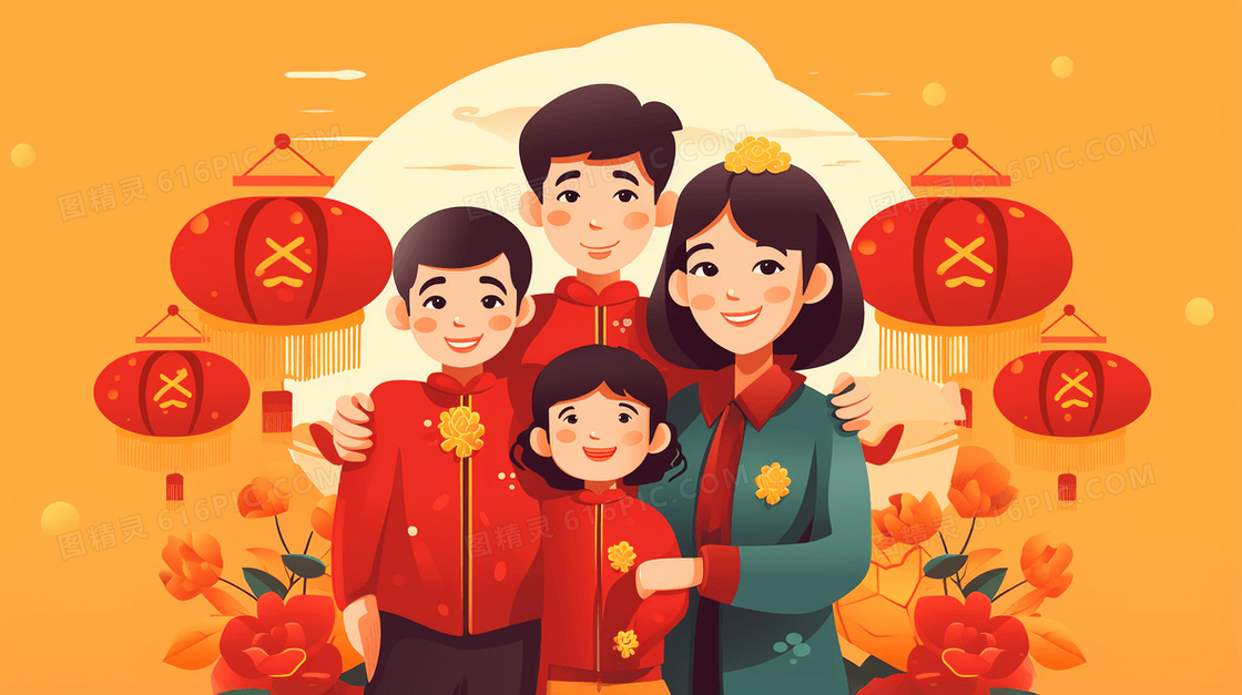 红色春节家人团圆喜庆节日氛围插画