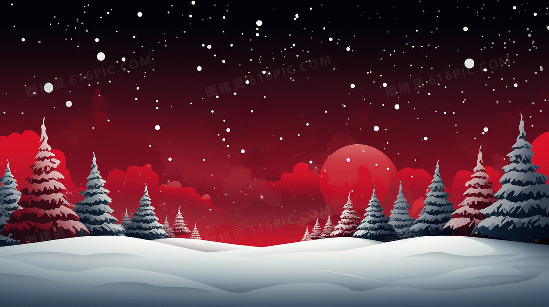 冬天夜晚雪地里的森林圣诞节插画