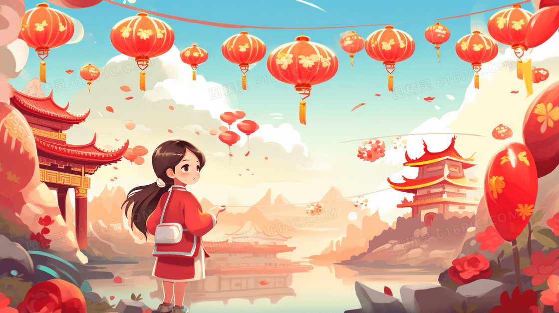 红色春节热闹氛围下的女孩建筑风景插画