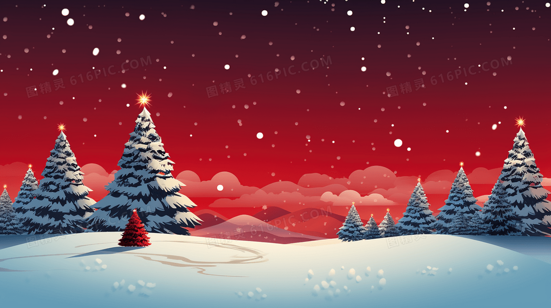 冬天夜晚雪地里的森林圣诞节插画