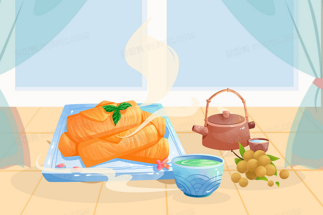 降温吃春卷喝茶水插画
