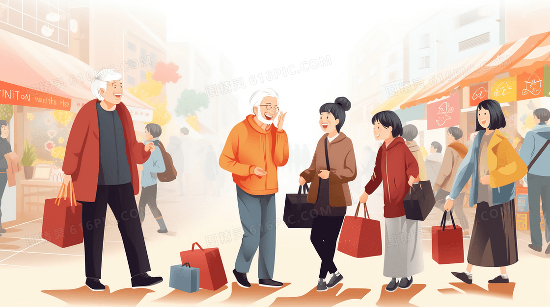 在商铺前排队购买年货的人们插画