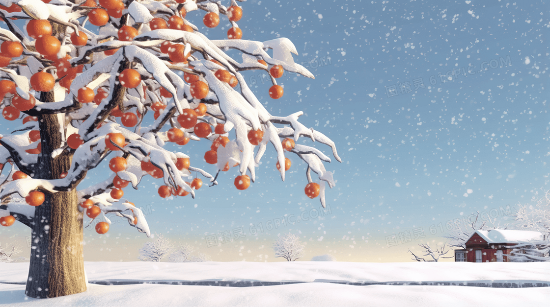 冬天下雪天村庄雪地里的柿子树插画