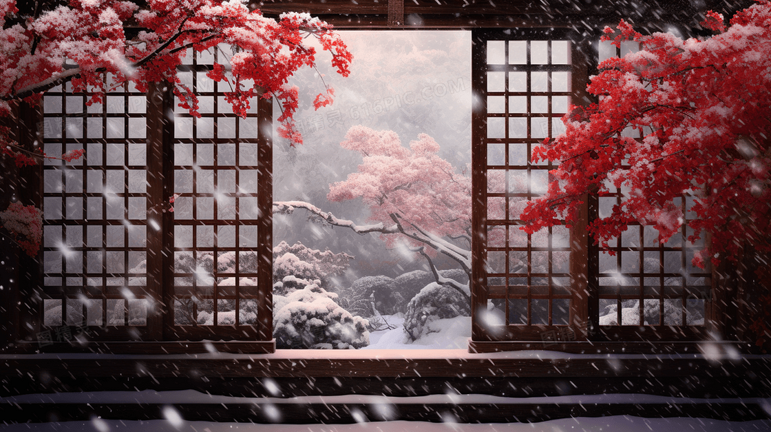 中国风冬天风景古风建筑插画