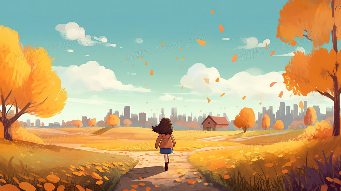 卡通秋季一个女孩走在草地上的背影