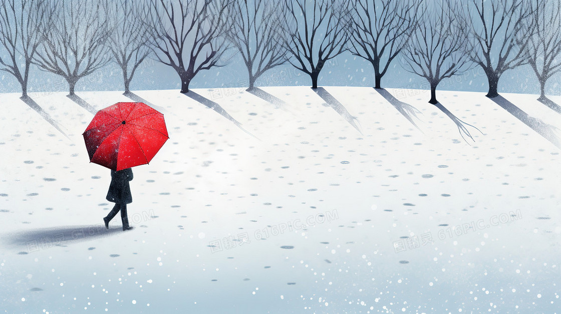 卡通风在冬季雪地上撑伞行走的人