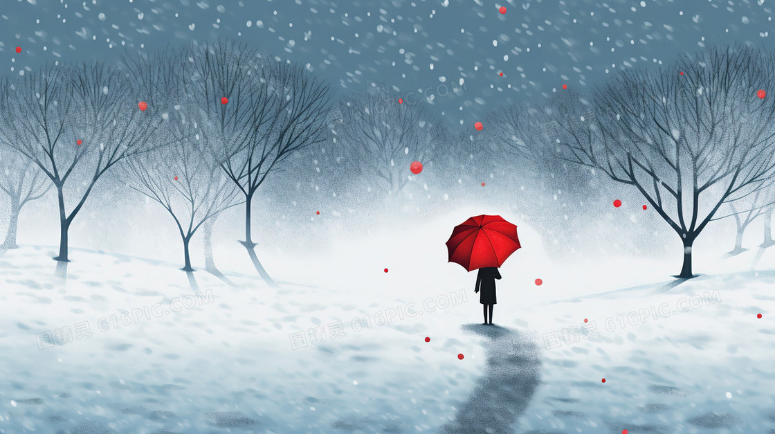 卡通风在冬季雪地上撑伞行走的人