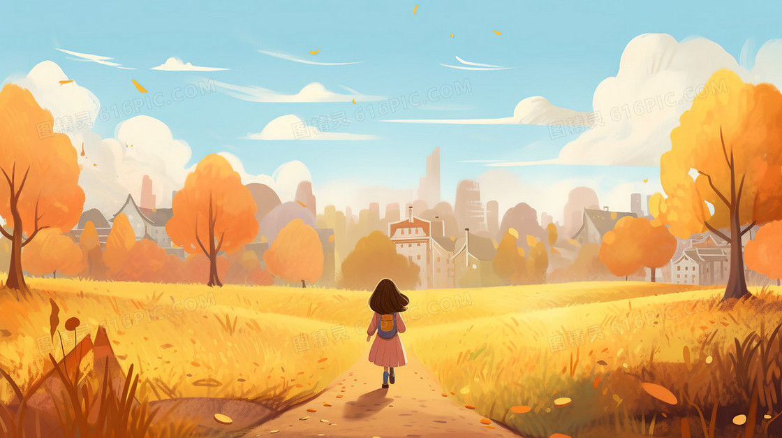 卡通秋季一个女孩走在草地上的背影
