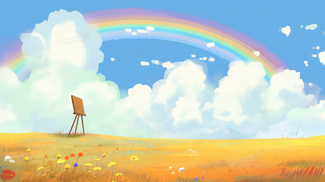 清新唯美秋季的彩虹和草地上的画板