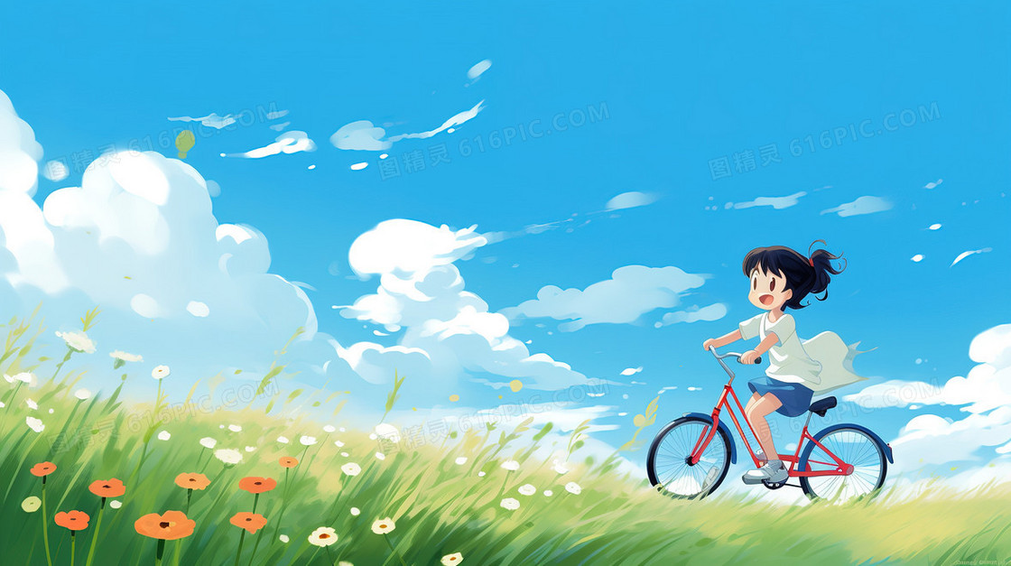 清新风女孩在绿色的草地上骑自行车