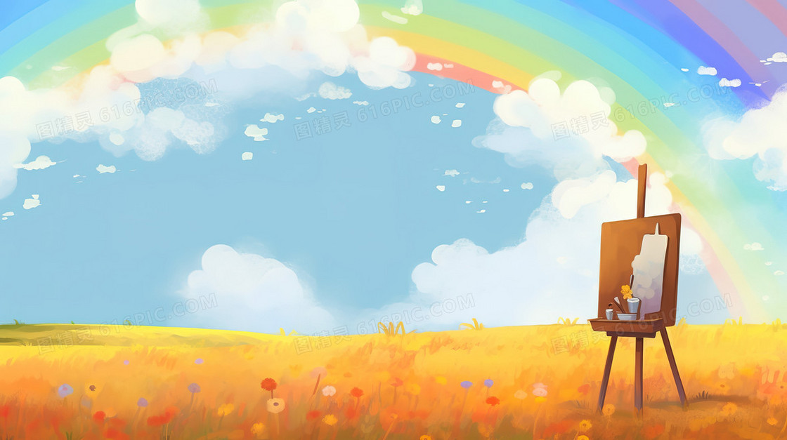 清新唯美秋季的彩虹和草地上的画板