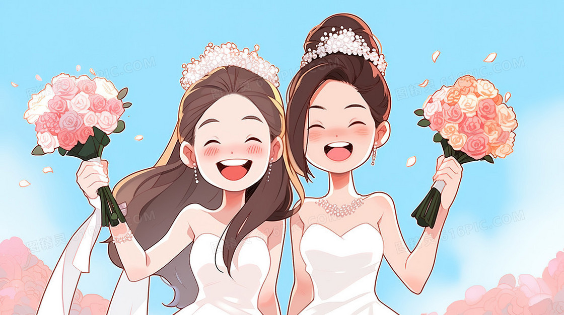 两个拿着手捧花的新娘在开心的笑着