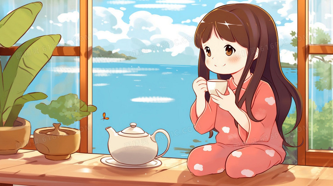 卡通日系风格一个女孩坐在窗边喝茶