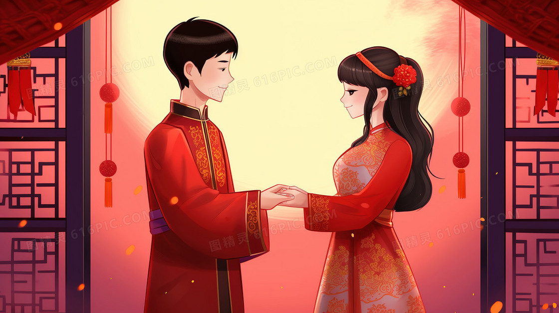 中式婚礼上新郎新娘牵手相视而笑
