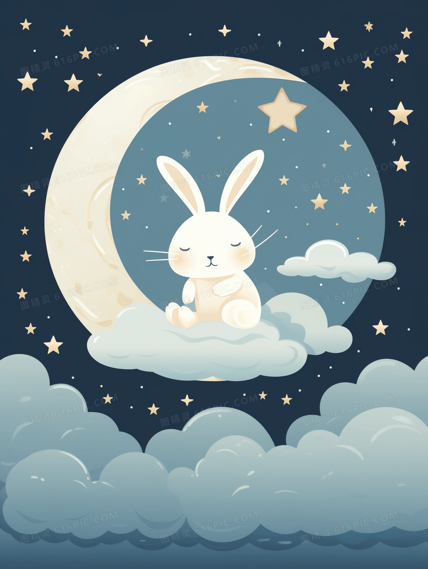 夜晚在月亮上睡觉的小白兔可爱卡通插画