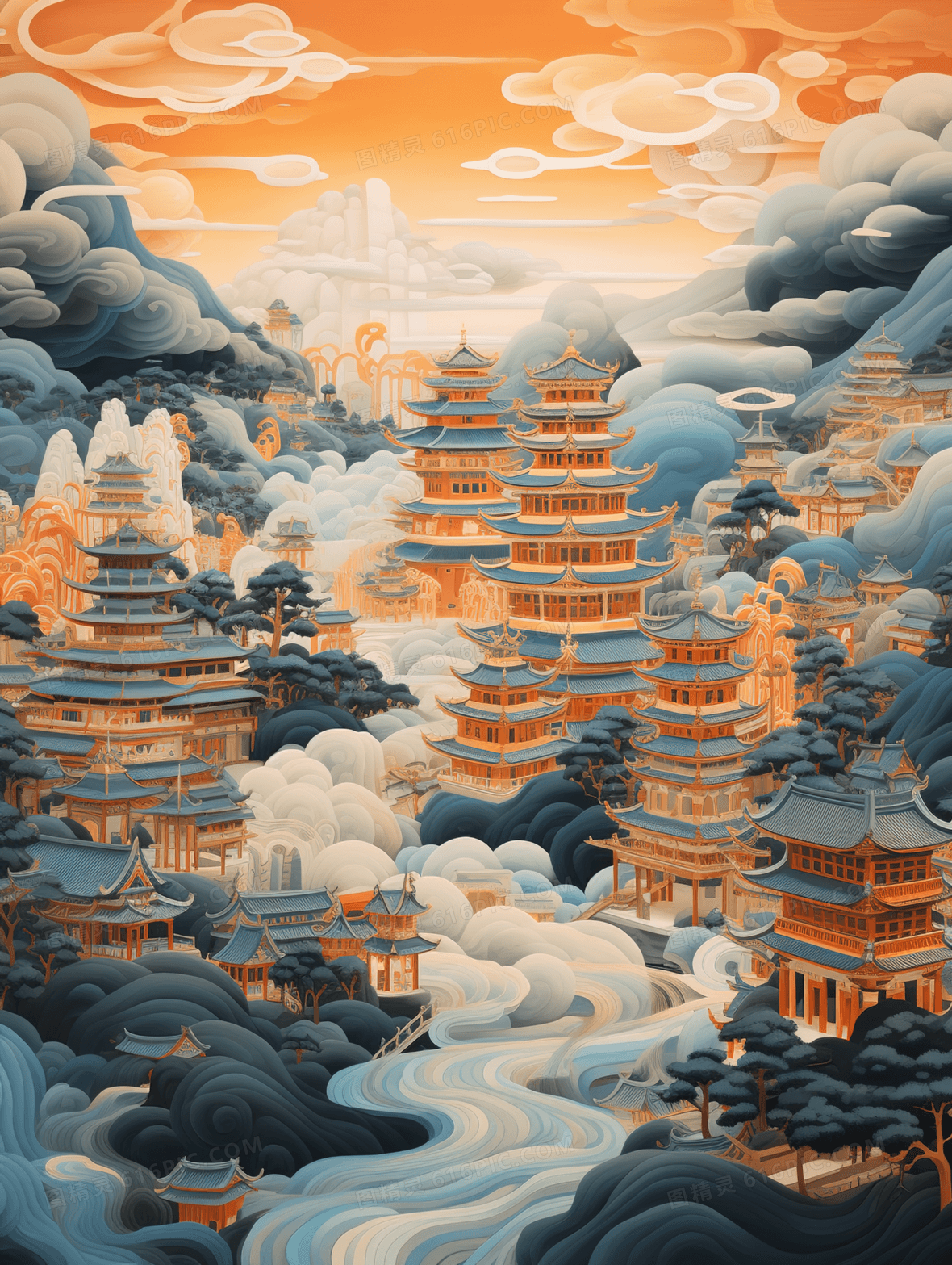 云中宫阙中国风唯美建筑风景插画