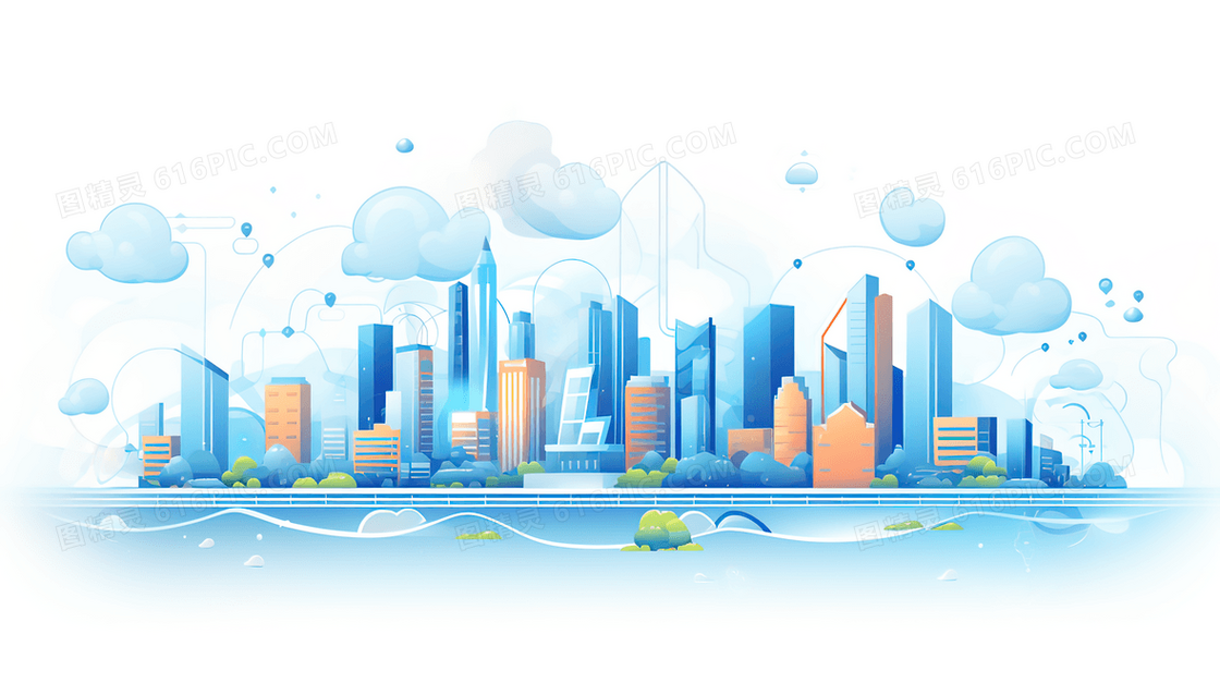 繁华的城市建筑风景平面插画