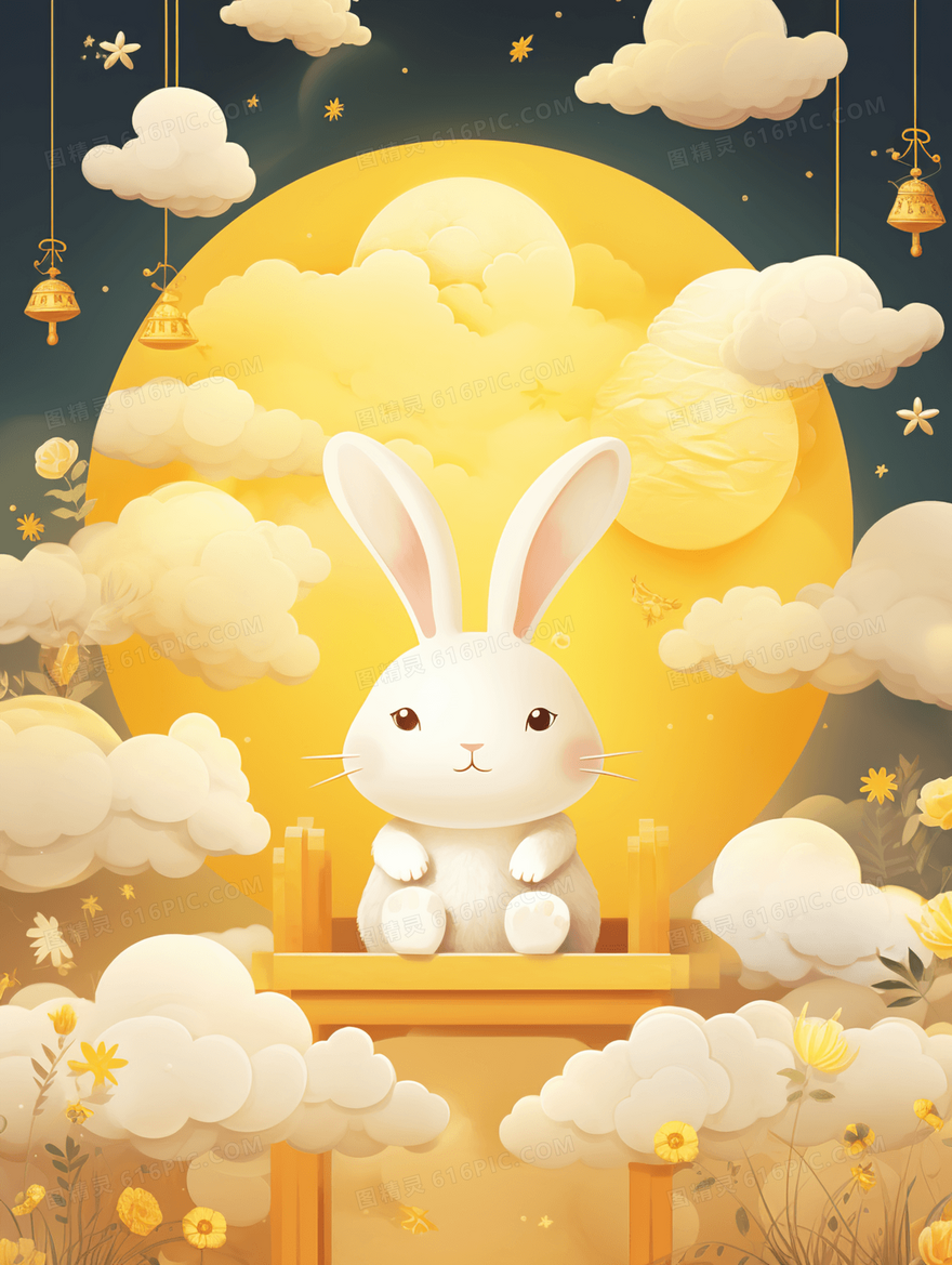 金色月亮下的可爱小白兔中秋节插画