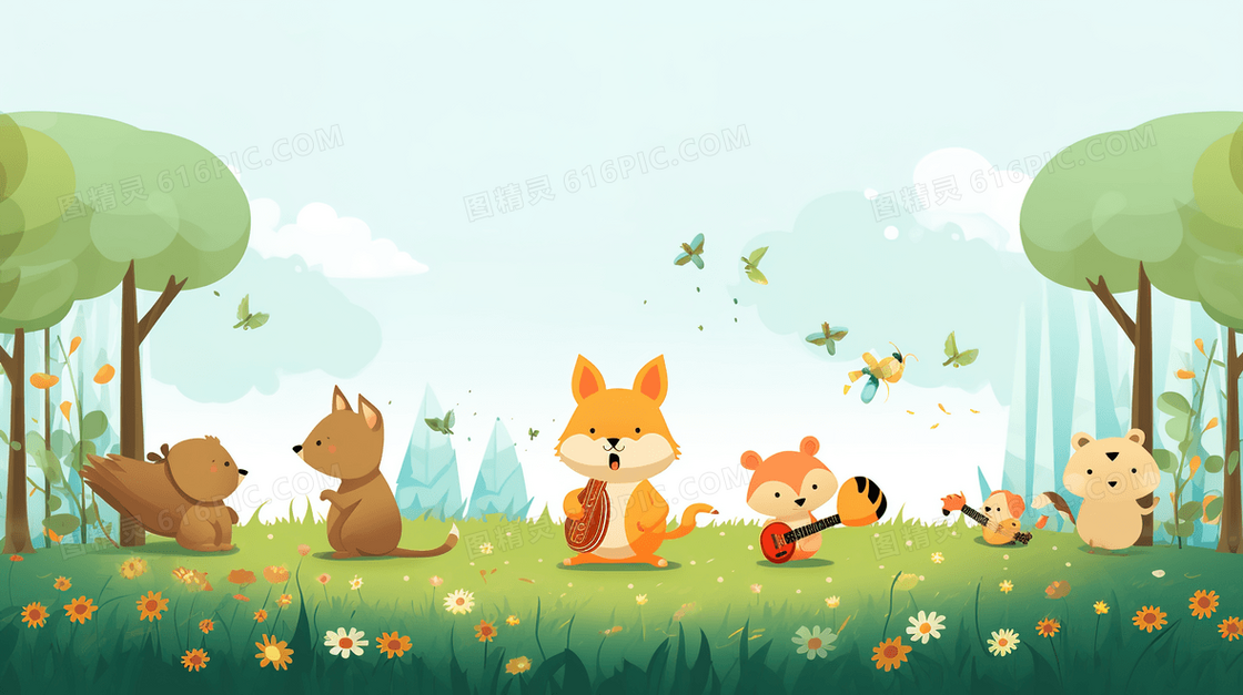 绿色森林草地上快乐的小动物们插画