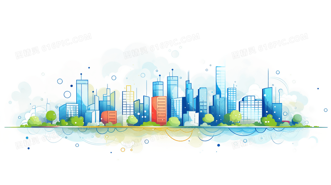 繁华都市商业大厦建筑风景平面插画