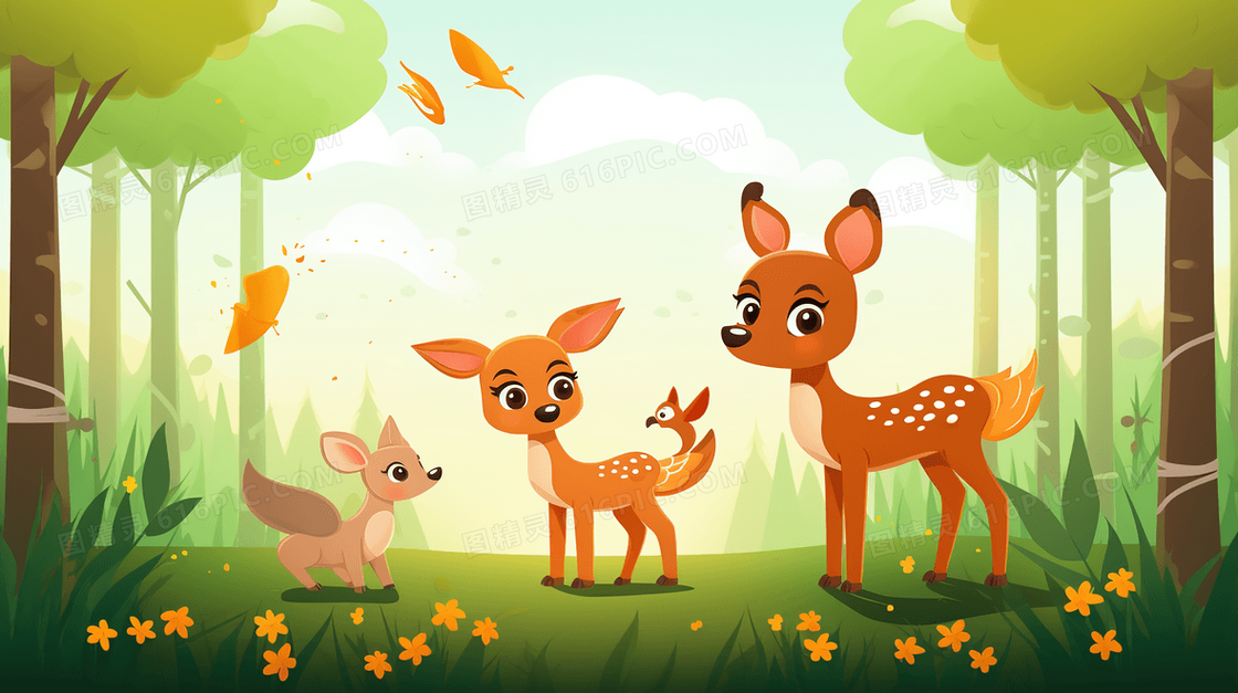 绿色森林草地上幸福的麋鹿一家插画