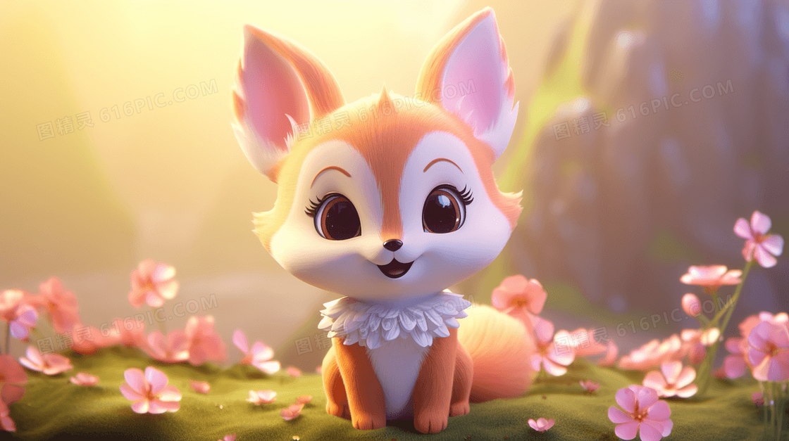在粉色花朵中的小狐狸可爱逼真插画