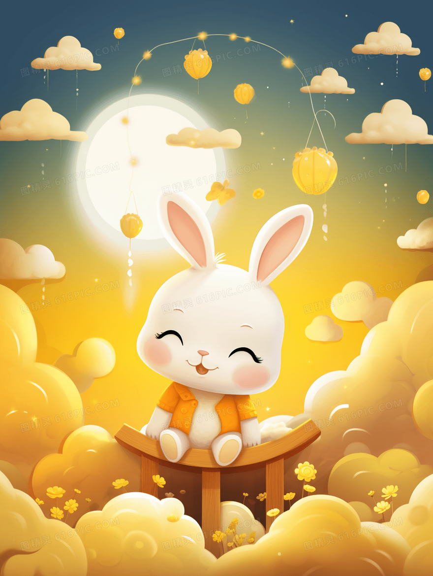 金色月亮下的可爱小白兔中秋节插画