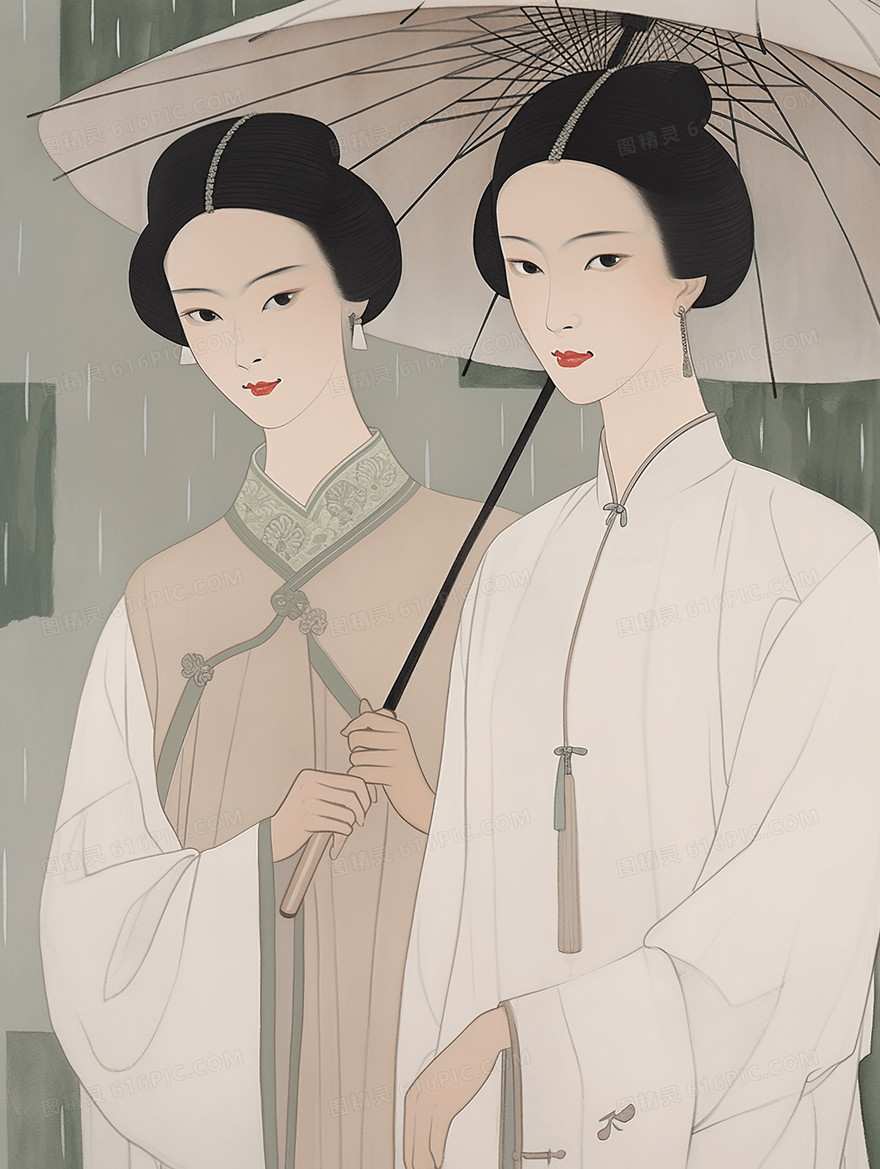 中国风白描雨中打着伞的古典美人插画