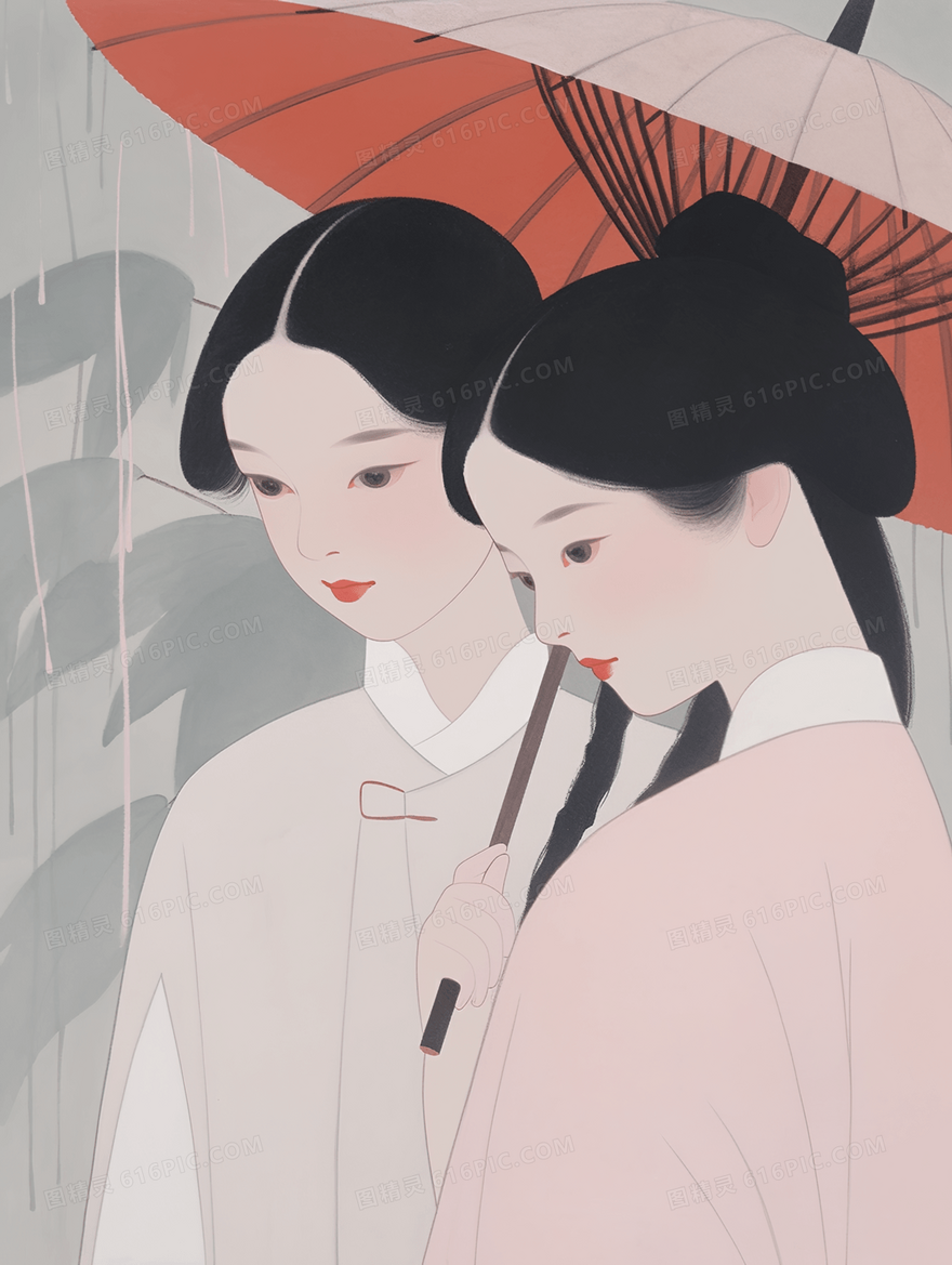 中国风白描雨中打着伞的古典美人插画