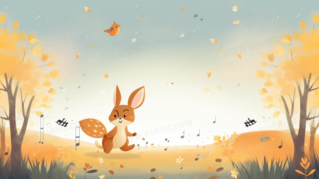 秋天森林草地上快乐的小松鼠插画