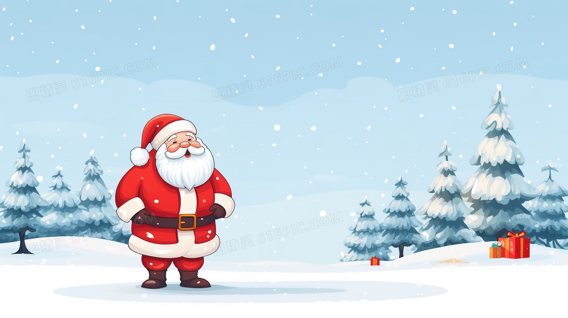 圣诞节雪地里送礼物的圣诞老人插画