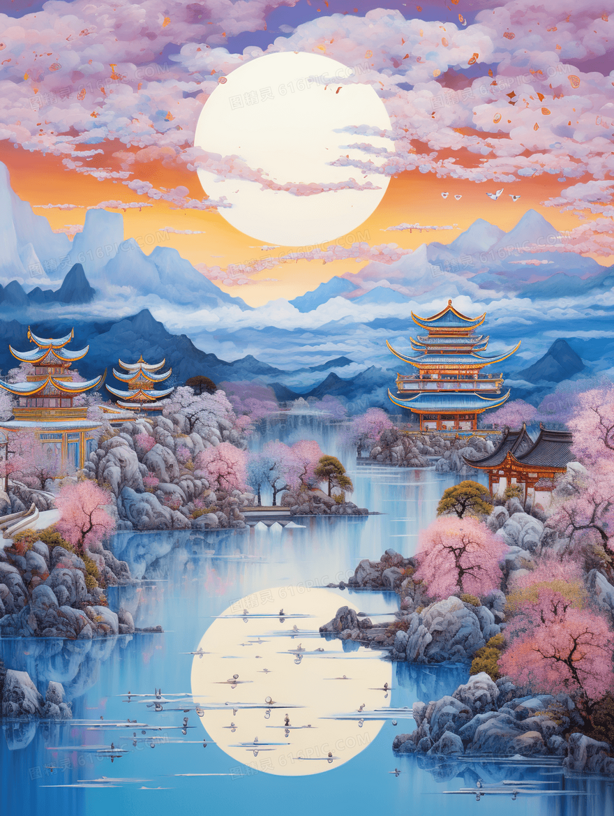 中国风古典山水建筑风景唯美插画