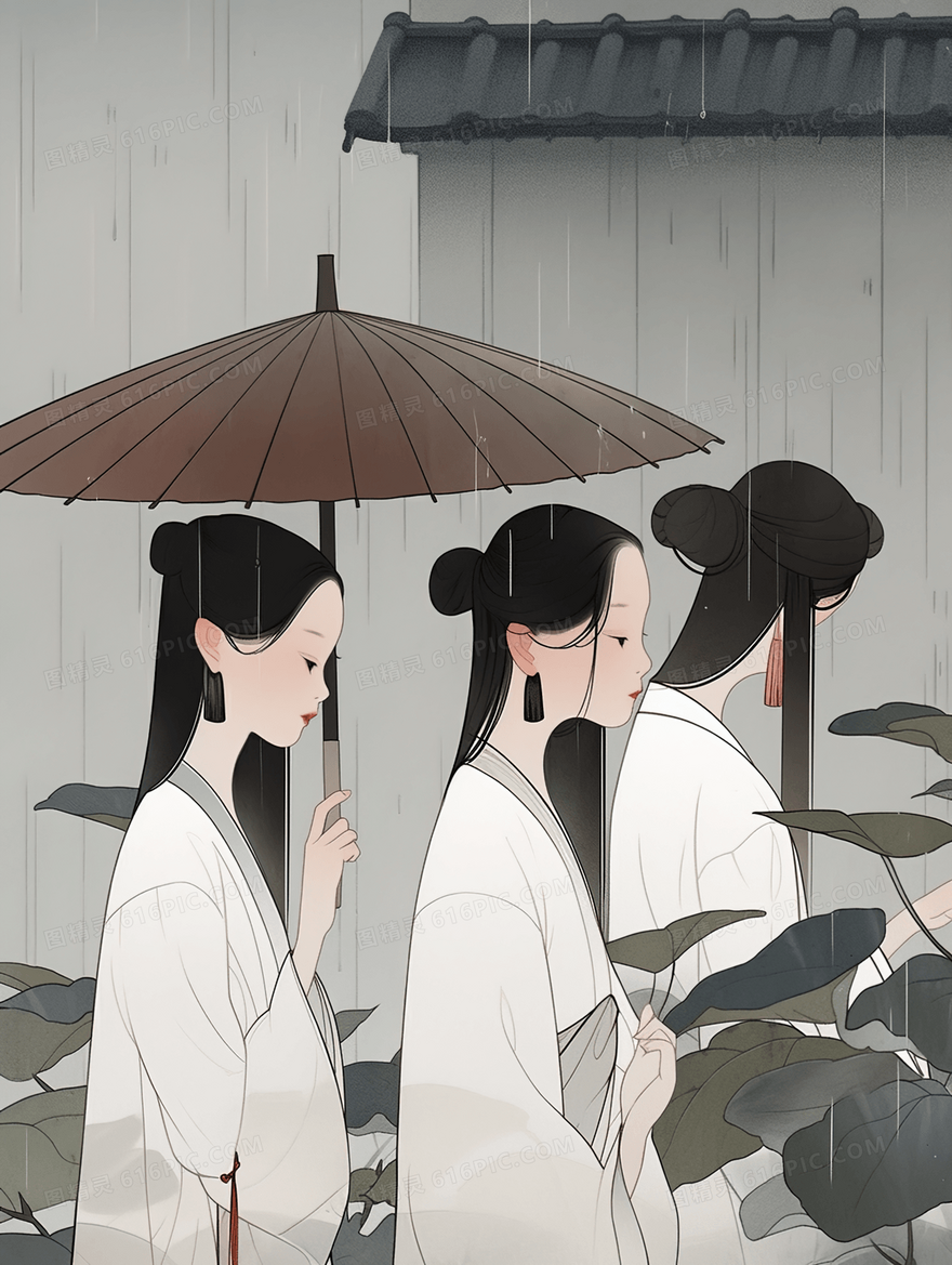 中国风白描雨中打伞的古典美人插画
