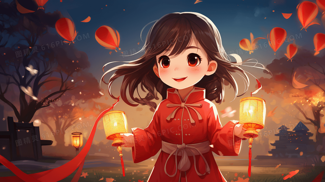 可爱女孩穿着红色喜庆的新衣服参加节日活动创意插画