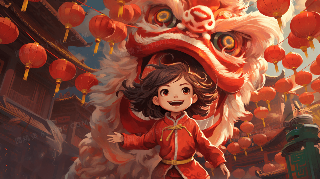 喜庆中国风节日舞狮庆贺传统表演创意插画
