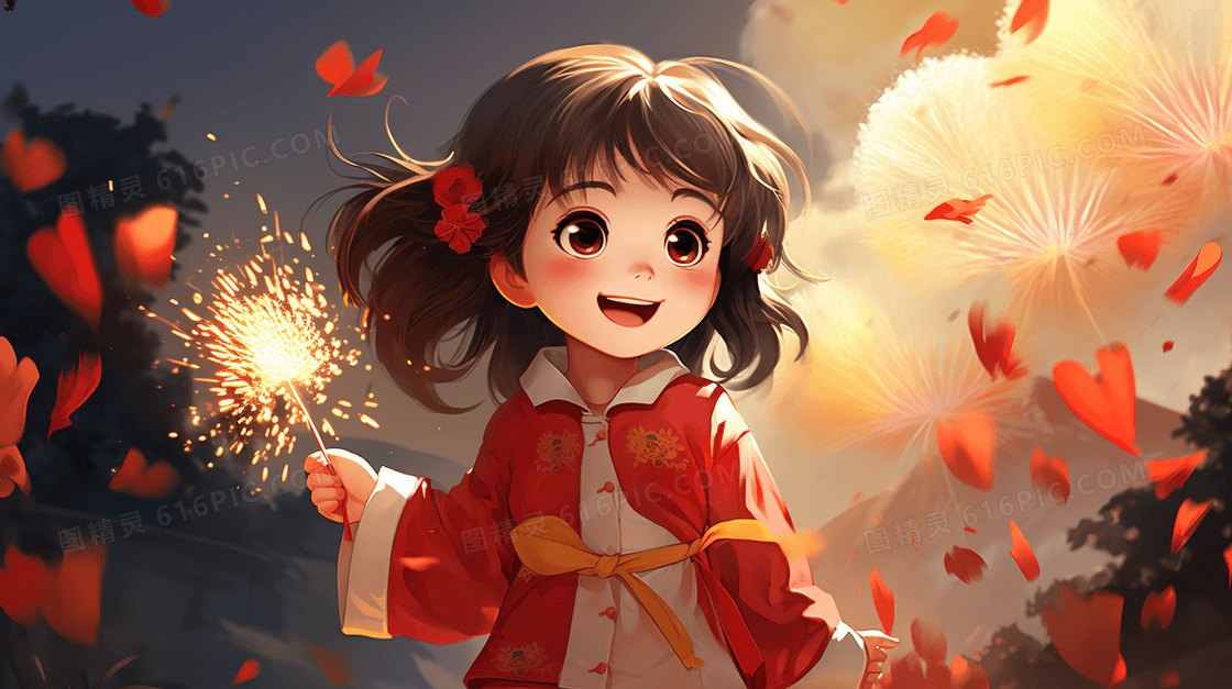 可爱女孩穿着红色喜庆的新衣服参加节日活动创意插画