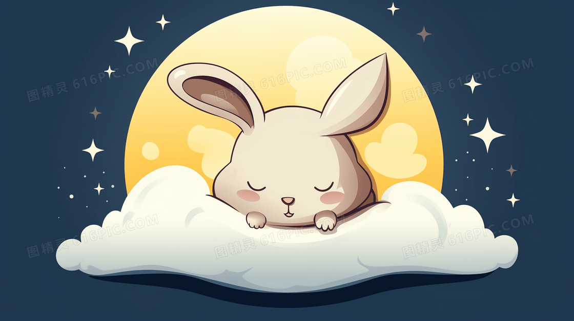 在云朵上睡觉的小白兔可爱卡通插画
