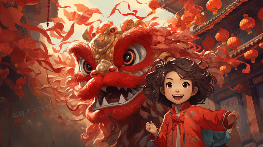 喜庆中国风节日舞狮庆贺传统表演创意插画