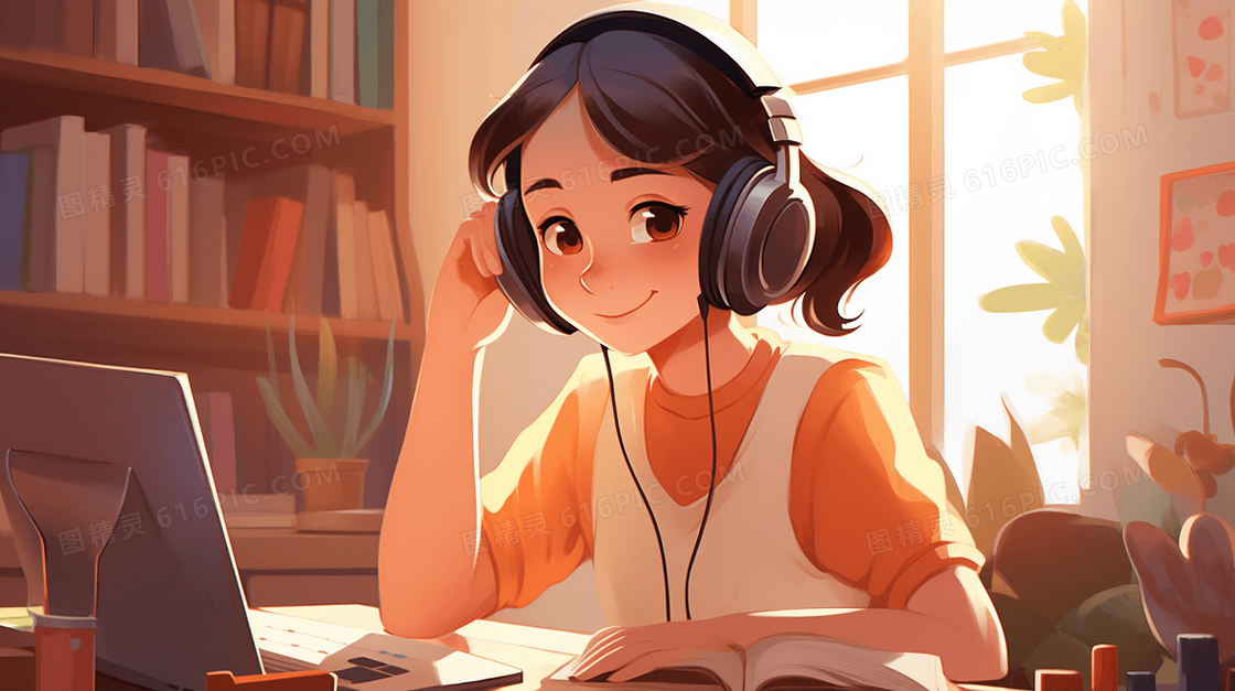 书桌前戴耳机看电脑听音乐的女孩插画