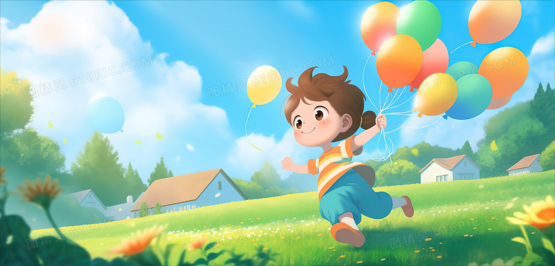 可爱女孩拿着彩色的气球在草地玩耍治愈插画