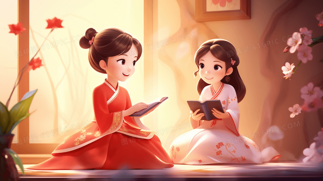 中国风古风读书的女孩插画