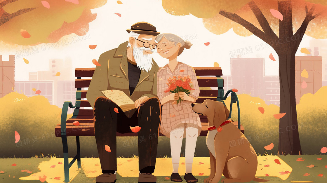 公园长椅上的老人夫妇插画