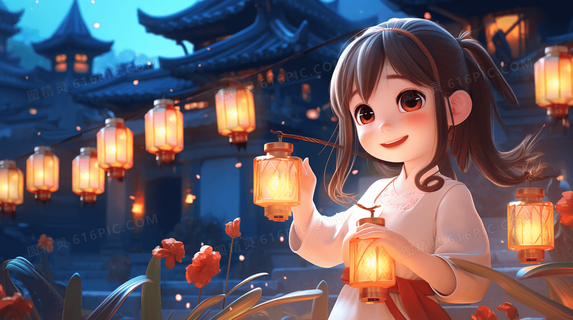 中国春节赏花灯的女孩插画