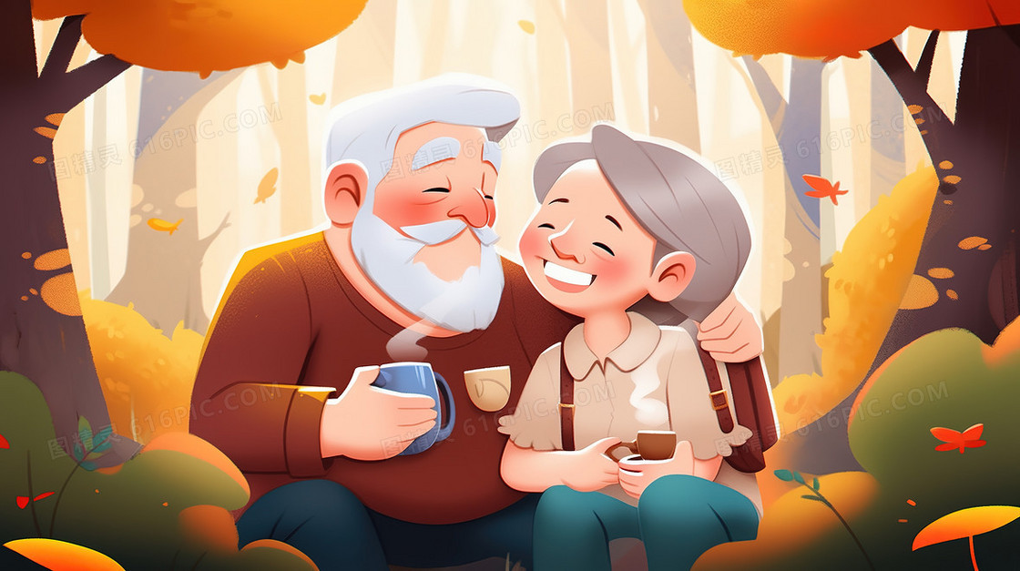 开心享受喝茶时光的老年夫妇创意插画