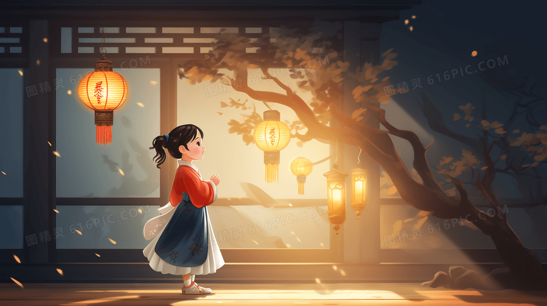 中国春节赏花灯的女孩插画