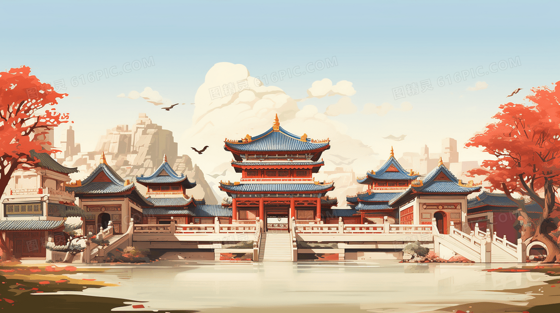 中国风古典宫殿建筑风景插画